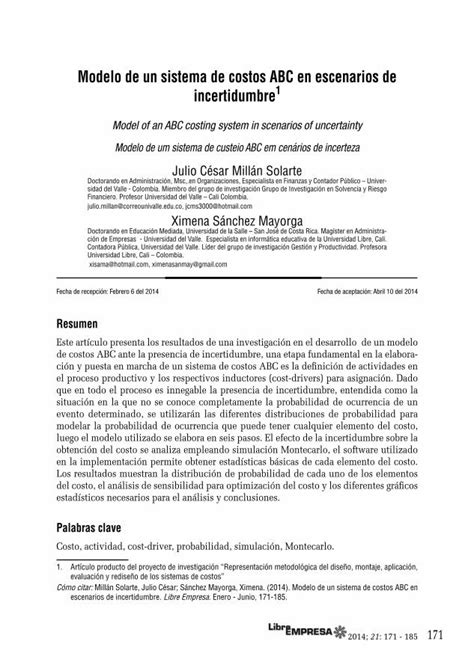 Pdf Modelo De Un Sistema De Costos Abc En Escenarios De Modelo