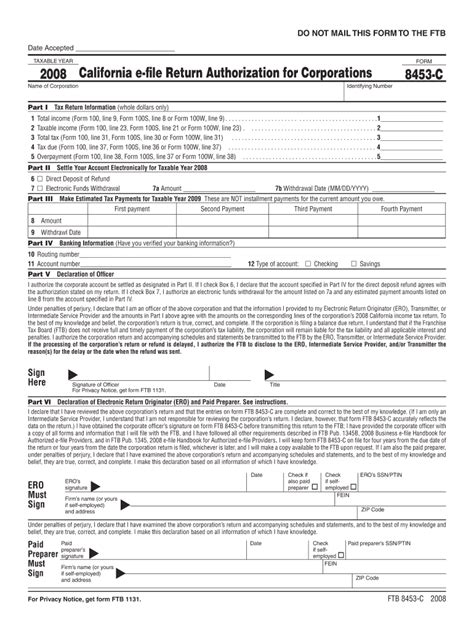 Fillable Online Ftb Ca 2008 Form 8453 C California E File Return