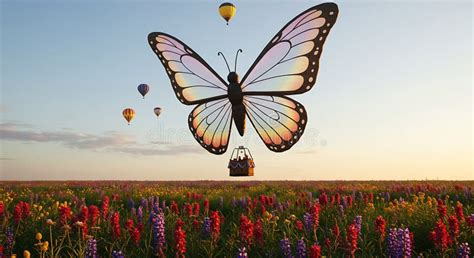 Giant Butterfly Hot Air Balloon Soaring Over Vibrant Wildflower Field ...