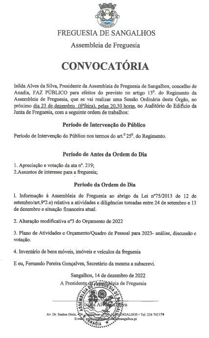 Assembleia De Freguesia Reúne A 23 De Dezembro Freguesia de Sangalhos