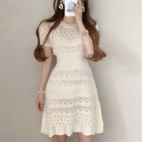 korean summer woman dress fashion short sleeve elegant hollow