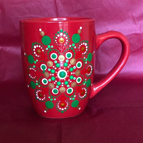 Holiday Coffee Cupmug Dot Mandala 12 Oz Hand Painted Red Etsy