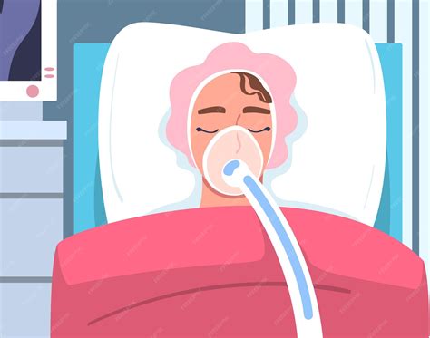 Young woman patient in hospital lying on bed with mask having