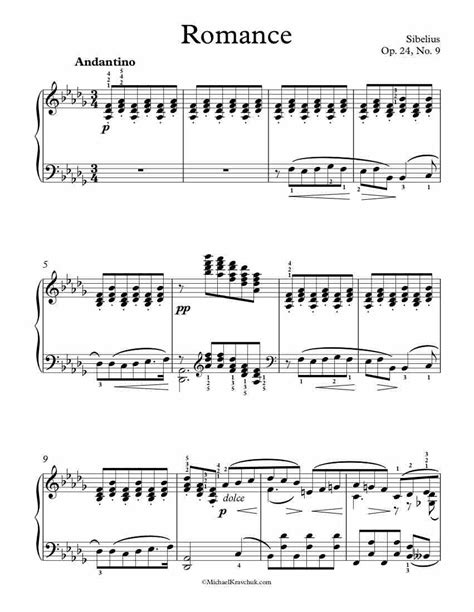 Free Piano Sheet Music Romance Op 24 No 9 Sibelius Michael