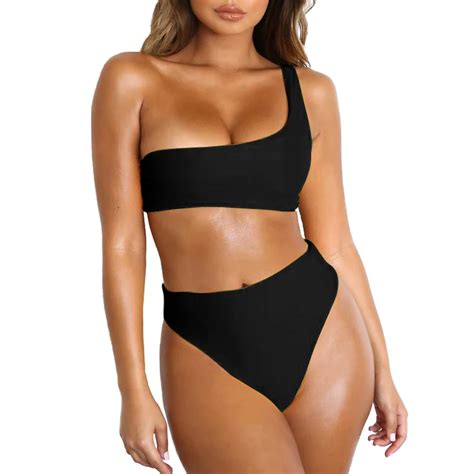Binand One Shoulder Bikini Set Swimsuit Women Bathing Suit Solid High Waist Wire Free Swimming