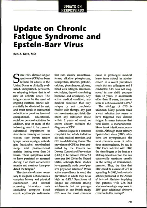 Update On Chronic Fatigue Syndrome And Epstein Barr Virus Pediatric Annals