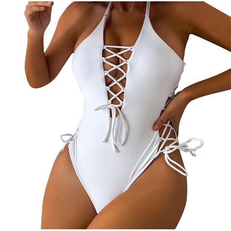 Efsteb Women S Swimsuits Hollow V Neck Backless Strap Bathing Suit High Waist Drawstring Bikini