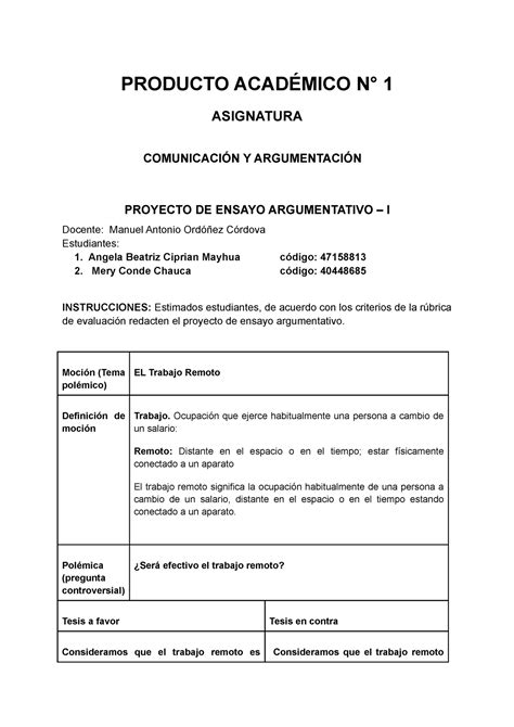 Pa 1 comunicacion argumentativa PRODUCTO ACADÉMICO N 1 ASIGNATURA