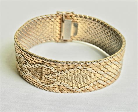 18k Gold Bracelet Gold Fill Italian Gold Bracelet Chevron Pattern Woven Mesh Retro Bracelet