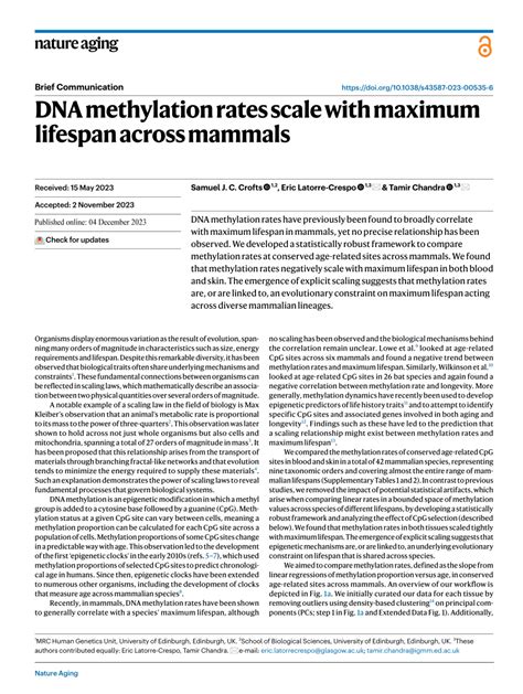 Pdf Dna Methylation Rates Scale With Maximum Lifespan Across Mammals