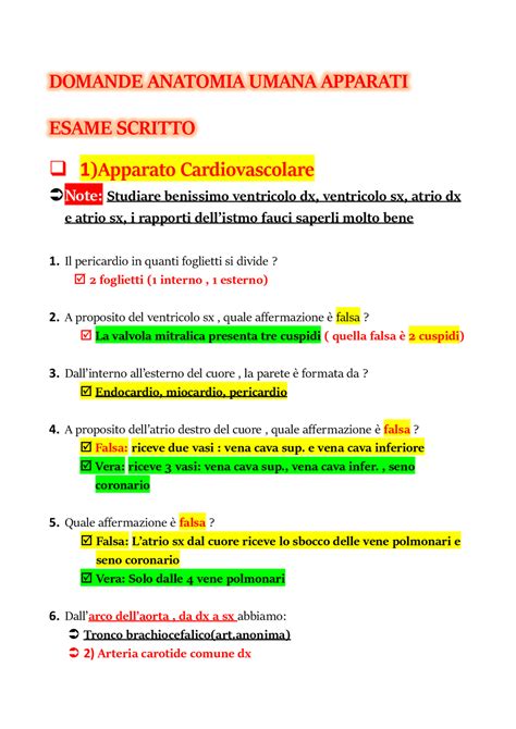 120 Domande Con Risposte Esame Scritto Anatomia Umana Arcuri Prove D