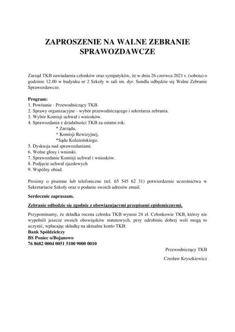 Zaproszenie Na Walne Zebranie Sprawozdawcze Zesp Szk Przyrodniczo