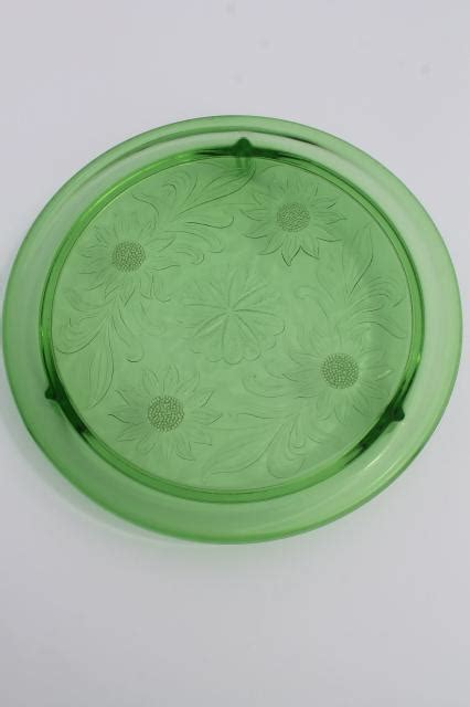 Vintage Green Depression Glass Cake Plate Jeannette Sunflower Low