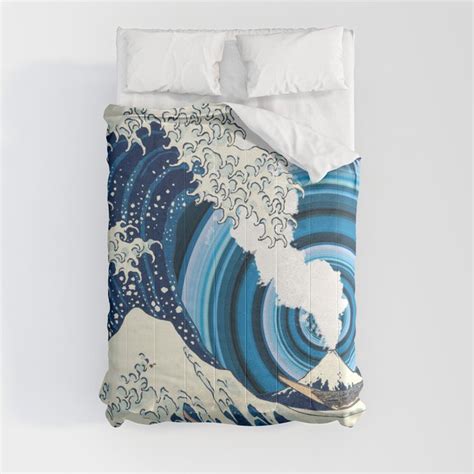 Great Wave Off Kanagawa Mount Fuji Eruption And Surreal Background Comforter By Photography By