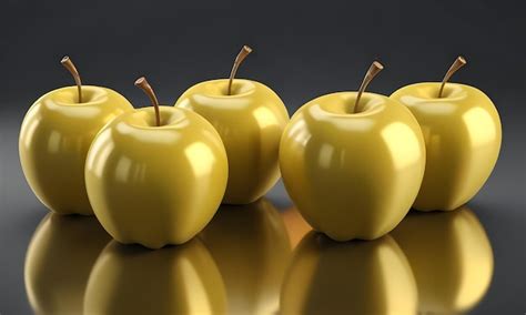 Premium Vector Four Golden Apples With Reflections On Black Background