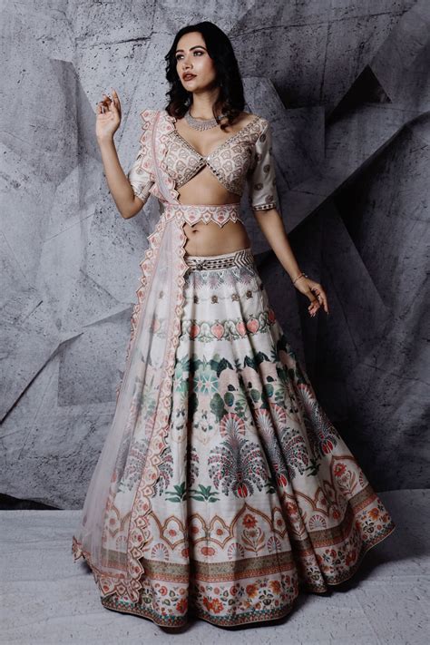 Buy Ivory Blouse And Lehenga Raw Silk Dupatta Net Print Bridal Set