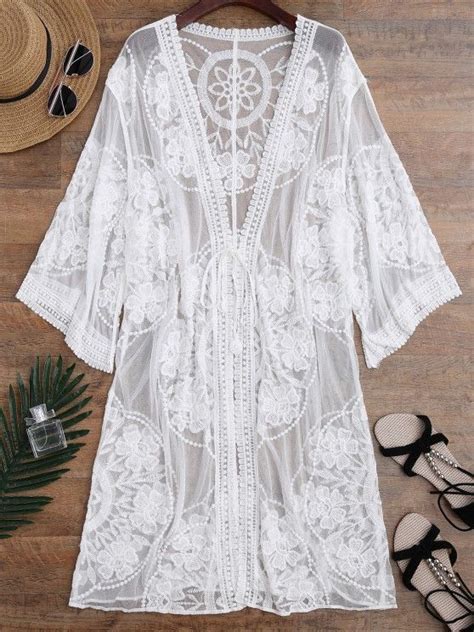 [29 Off] 2021 Sheer Lace Tie Front Kimono Cover Up In White Zaful