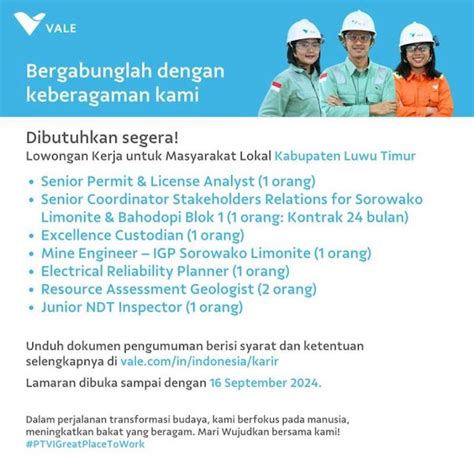 PT Vale Buka Lowongan Kerja Bagi Masyarakat Lutim Berikut Posisi Dan