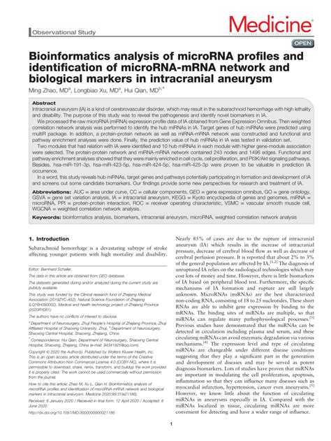 Pdf Bioinformatics Analysis Of Microrna Profiles And Identification Of Microrna Mrna Network