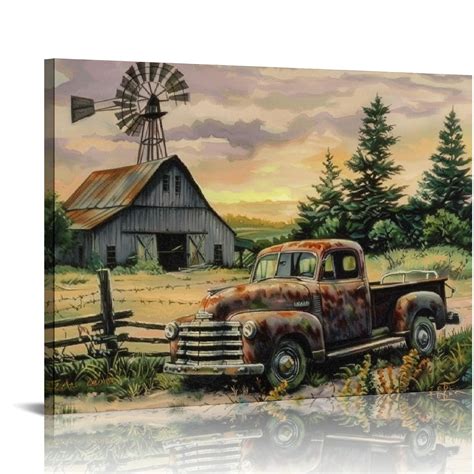 COMIO Farmhouse Truck Wall Art Rustic Old Barn Pictures Canvas