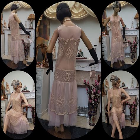 S Nude Embroidered Flapper Dress Drop Waist Mesh Etsy