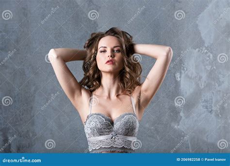 Woman In Gray Sensual Lingerie Posing In Studio Stock Photo Image Of Face Beauty 206982258