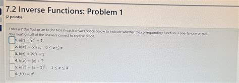 Solved 7.2 Inverse Functions: Problem 1 (2 points) Enter a Y | Chegg.com