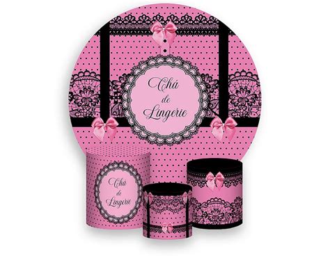 Painel De Festa Redondo x Trio De Capas Cilindro Chá de Lingerie Rosa Preto