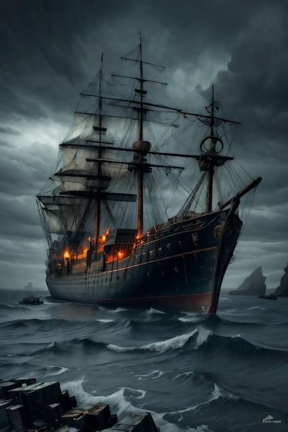 Premium AI Image A Pirate Ship Pulling Into A Foggy Port During A