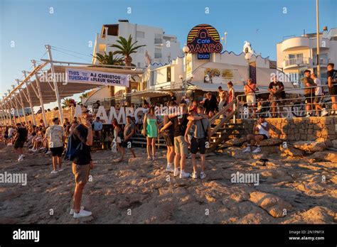 Picture shows Ibiza’s world-renowned sunset strip in San Antonio packed again with tourists this ...