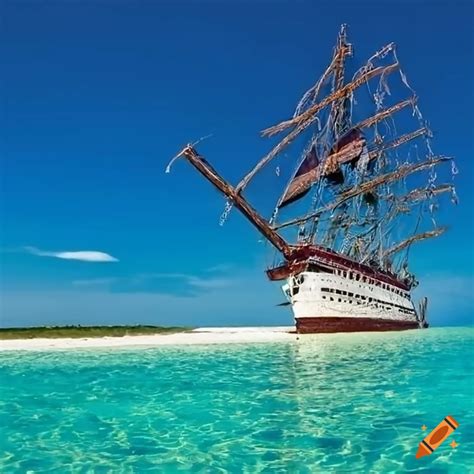 Classic Pirate Ship Anchored Near Rocky Cliffs On A Crystal Clear Water