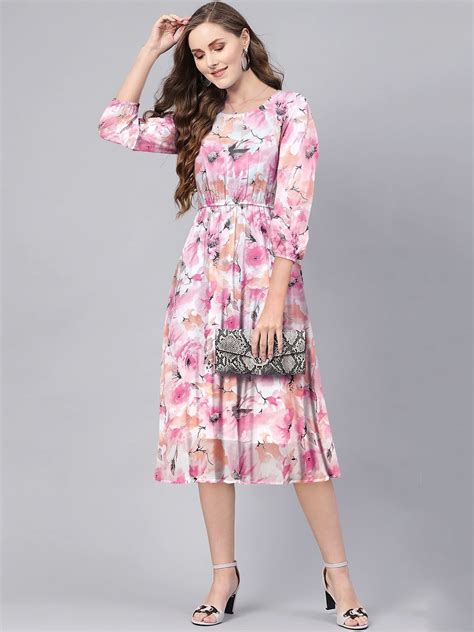 Buy Baesd Floral Print Puff Sleeve Georgette Fit And Flare Midi Dress