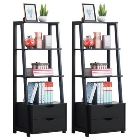 Set Of 2 Ladder Shelf 4 Tier Bookshelf Bookcase Storage Leaning With 2