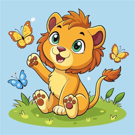 Premium Vector Cute Baby Lion Cub Playing With Fluttering Butterflies