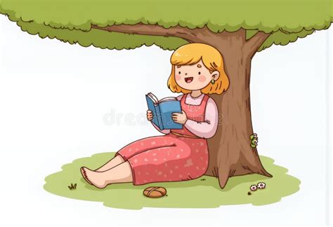 Cheerful Blonde Chibi Character Reading Underneath A Green Tree Korean Cartoon Style
