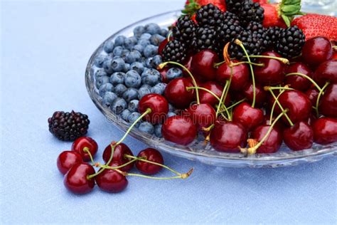 Berry Fruits In A Plate With Strawberries Blueberries Cherries And