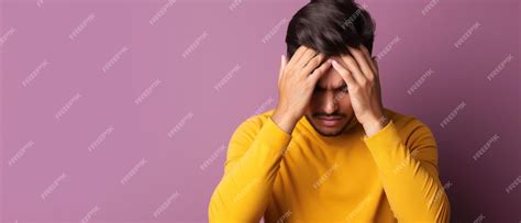 Premium Photo A Man In A Yellow Shirt Covers His Face With His Hands