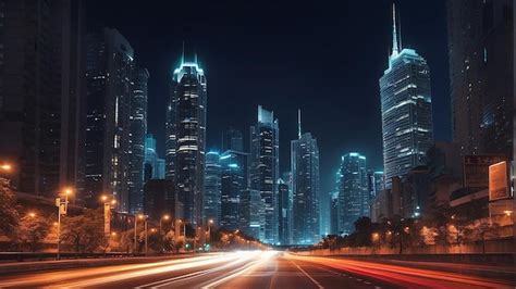 night scene   city street  skyscrapers  light trails