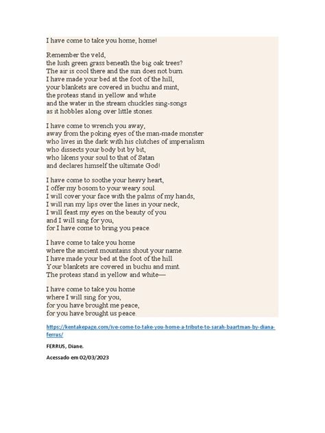 I Have Come To Take You Home Poema Para Sara Baartman Por Diana Ferrus Pdf