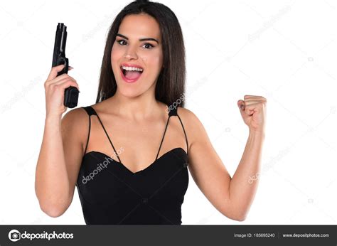 Beautiful Dangerous Women Holding Gun Isolated White Background Stock