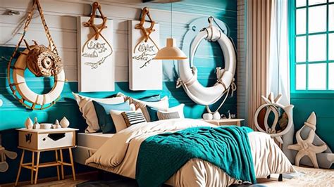 Premium AI Image | Coastal themed bedroom with nautical accents and a sea inspired color palette