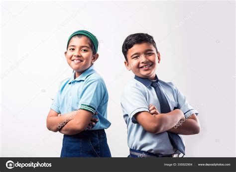 Cheerful Indian School Kids Uniform Standing Isolated White Background ...