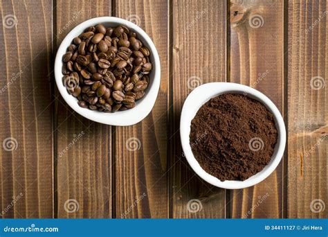 Coffee Beans And Ground Coffee In Bowls Stock Image Image Of Aroma