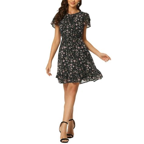 Allegra K Womens Ruffled Sleeve Self Tie V Neck Above Knee Chiffon Floral Ruffle Dress