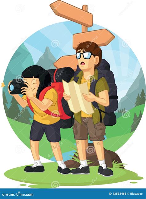 Cartoon Of Backpacker Boy Girl Enjoying Vacation Stock Vector Image