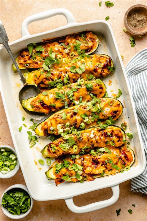 Cheesy Bbq Chicken Stuffed Zucchini Boats Ambitious Kitchen