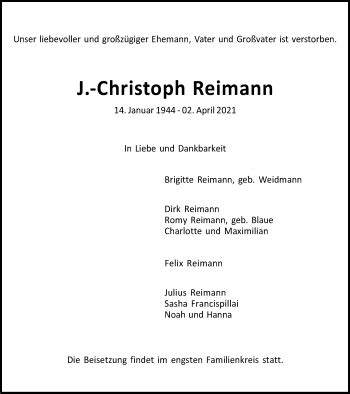 Traueranzeigen Von Christoph Reimann Trauer In NRW De