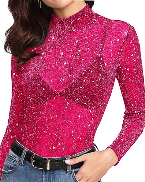 Mangopop Women S Long Sleeve Short Sleeve Glitter Sheer Mesh Tops T Shirt Blouse Clubwear At