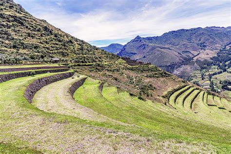 Inca plants farming terraces in Pisaq near Cusco in Peru. Photograph by ...