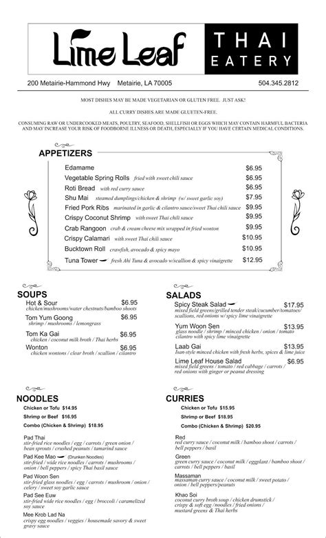 Menu at Lime Leaf Thai Eatery restaurant, Metairie